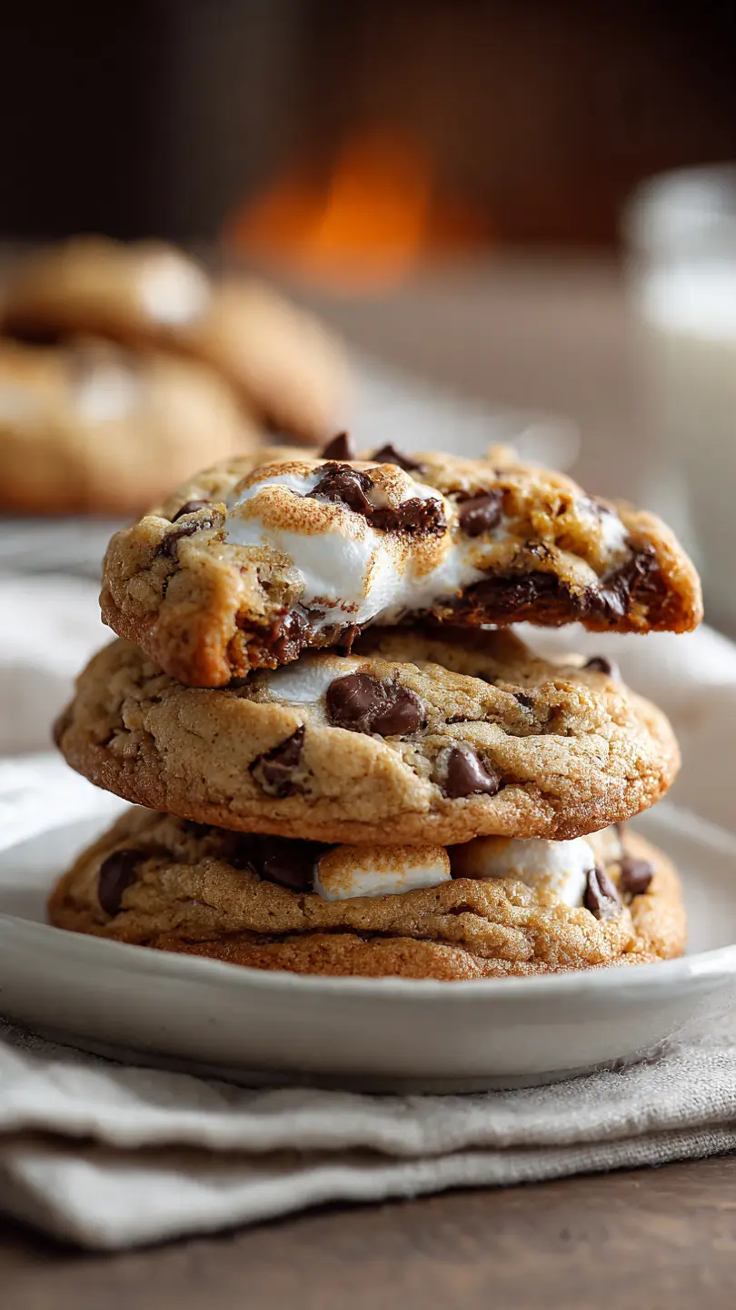 Chocolate chip cookie with toasted marshmallow and melted chocolate inside