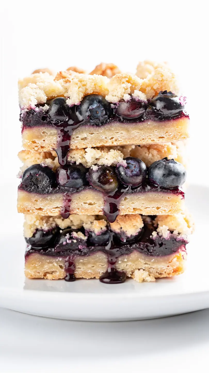 Stacked blueberry crumble bars with fresh blueberry filling and crumb topping