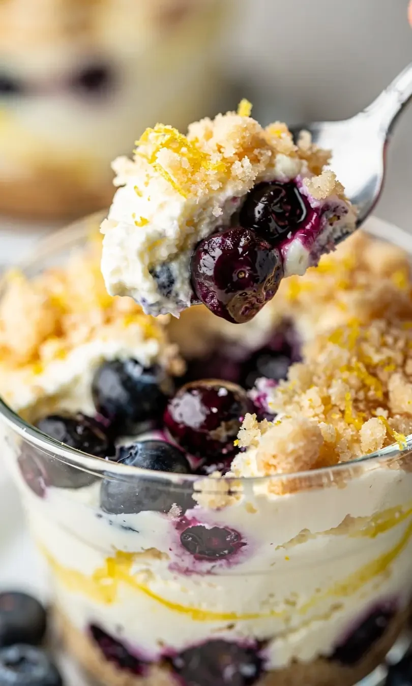blueberry-cheesecake-spoon-bite Spoonful of blueberry lemon cheesecake with fresh berries and buttery crumble topping