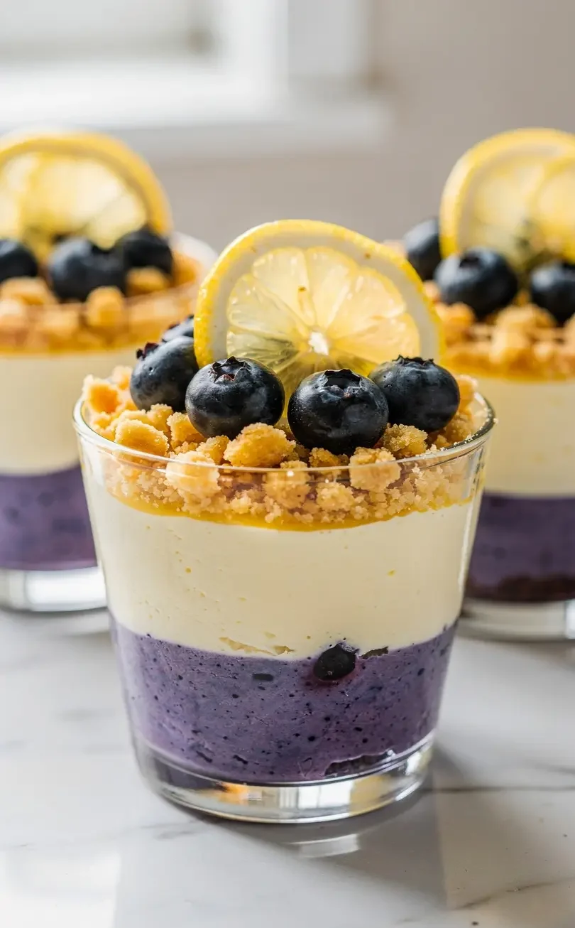 Blueberry lemon cheesecake cup layered with creamy cheesecake filling fresh blueberries and lemon slices