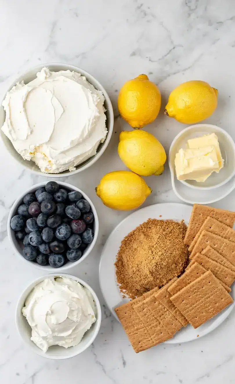 blueberry-lemon-cheesecake-ingredients Ingredients for blueberry lemon cheesecake cups including lemons blueberries graham crackers cream cheese and butter