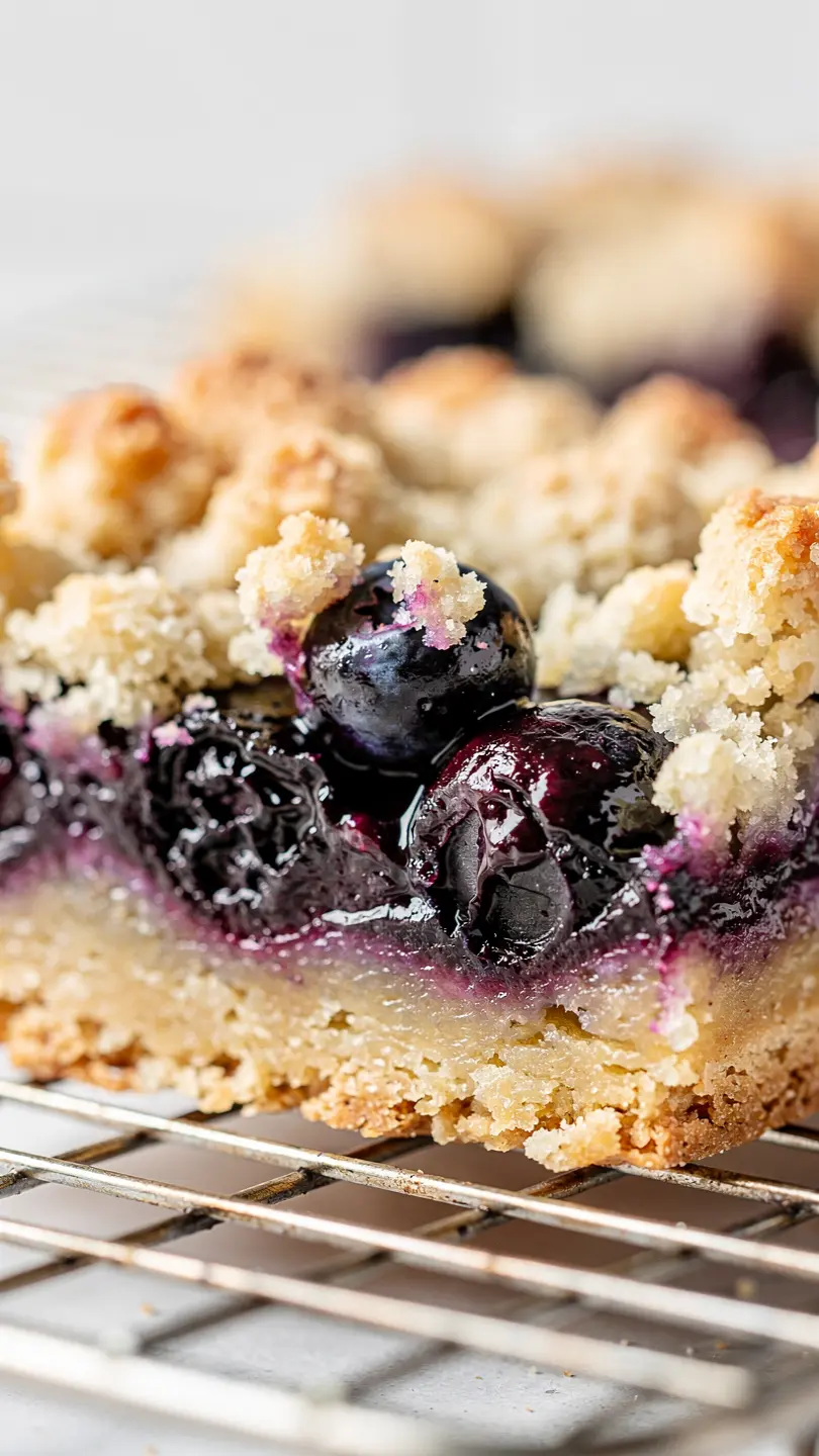 Close-up of blueberry crumble bar showing juicy blueberries and buttery crust