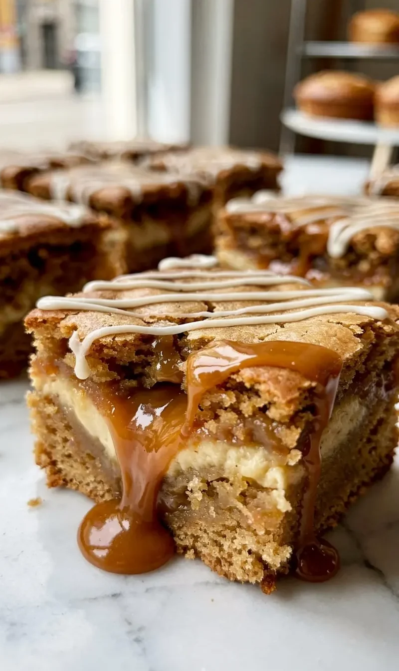 Close-up of caramel stuffed cheesecake cookie bars with melted caramel drizzle