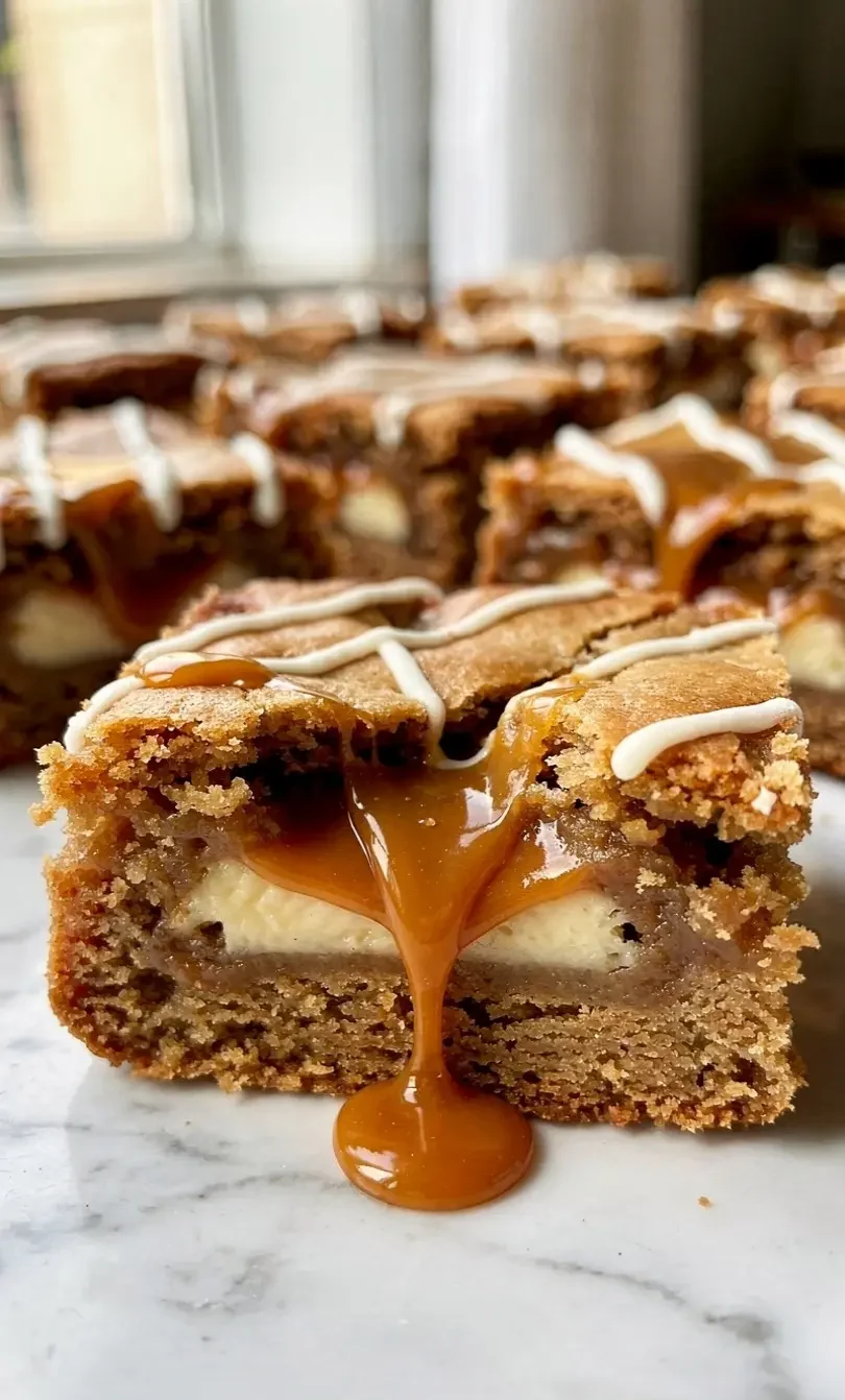 Gooey caramel cheesecake blondie bar with molten caramel center and cream cheese layer