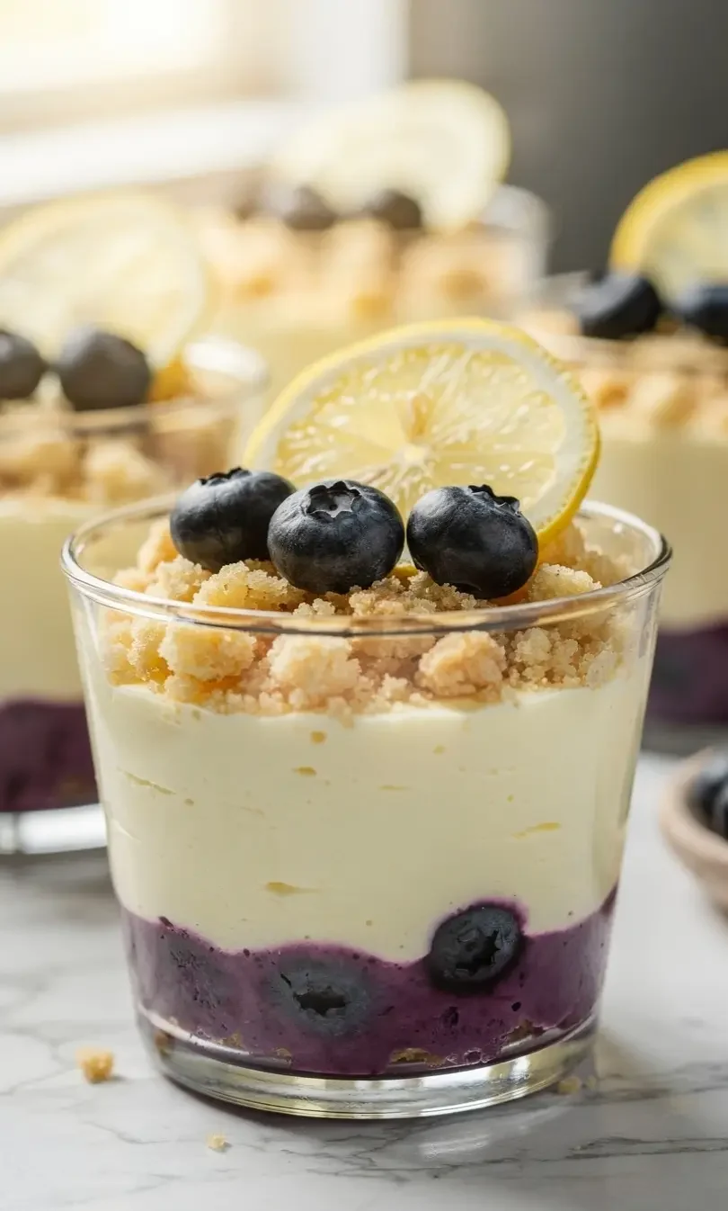 lemon-blueberry-cheesecake-dessert-cup-closeup. Close-up of lemon blueberry cheesecake dessert cup with creamy layers and fresh blueberries