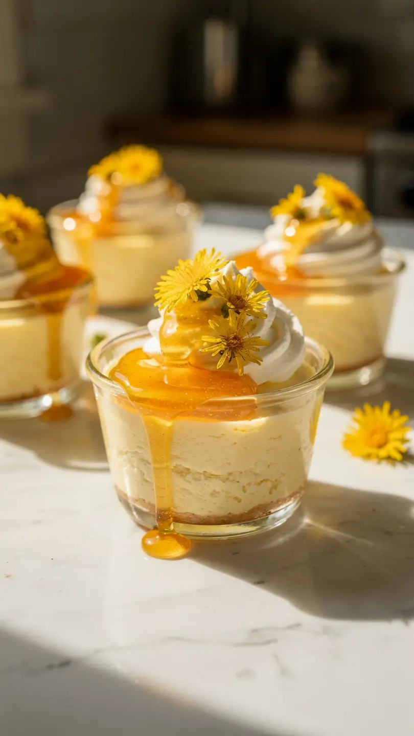 Dandelion honey cheesecake cup topped with whipped cream and golden honey drizzle