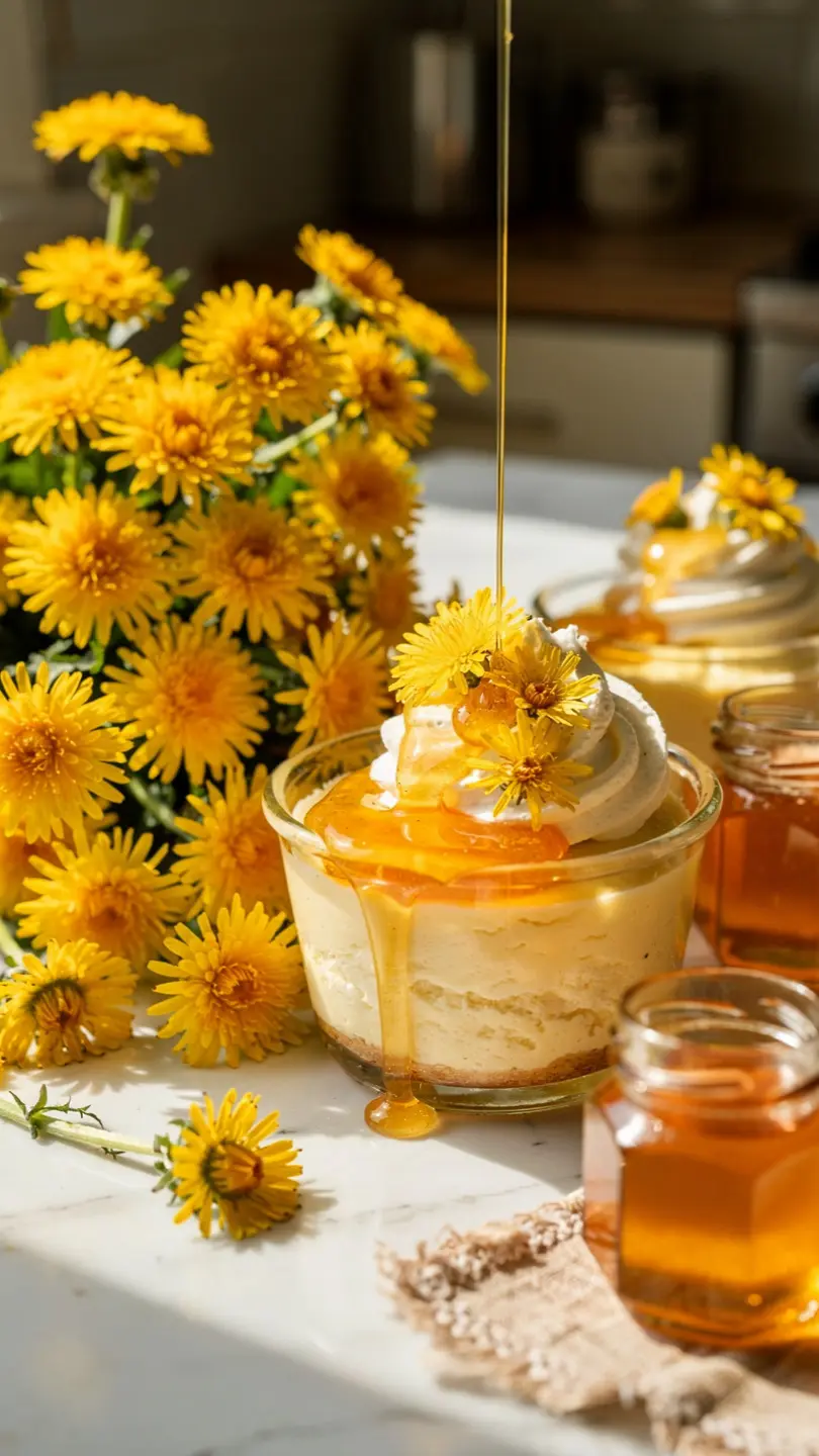 Dandelion honey cheesecake cups with fresh flowers and honey being poured on top