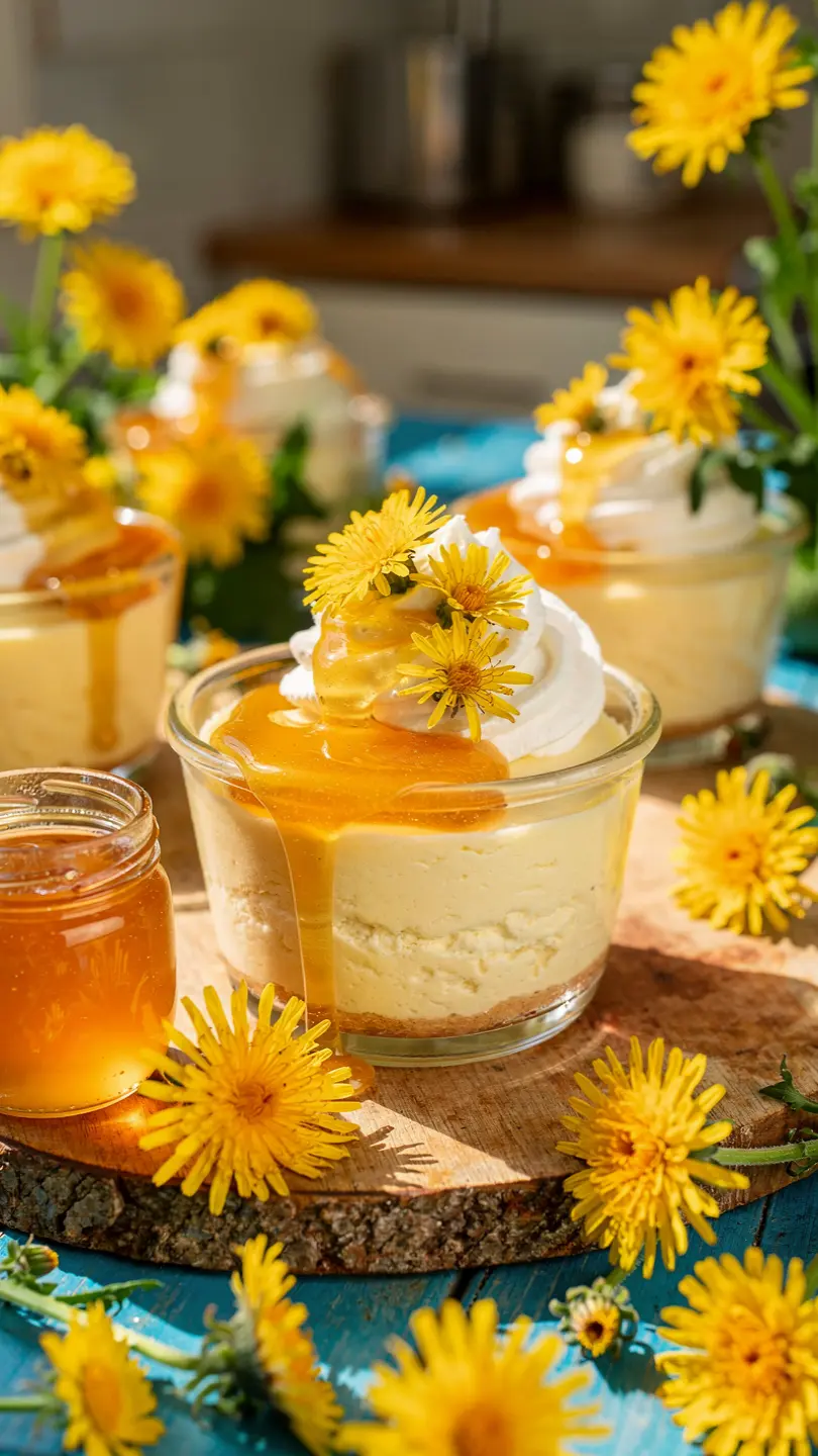 Rustic dandelion honey cheesecake cups with edible flowers and honey jars