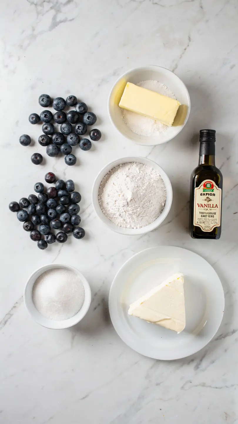 Ingredients for blueberry crumble bars including blueberries butter flour sugar and vanilla