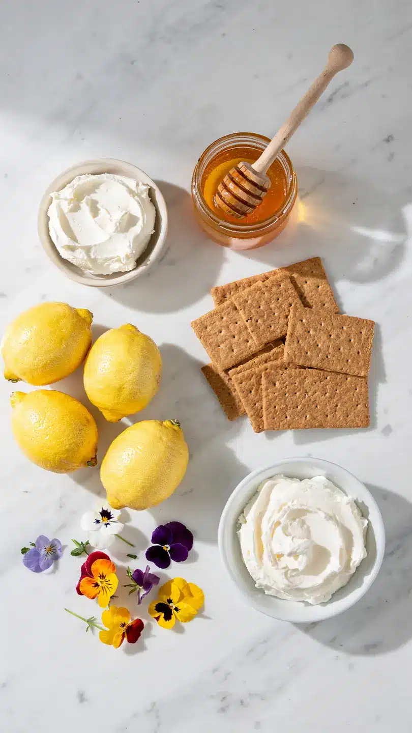 Ingredients for dandelion honey cheesecake cups including lemons honey cream cheese and graham crackers