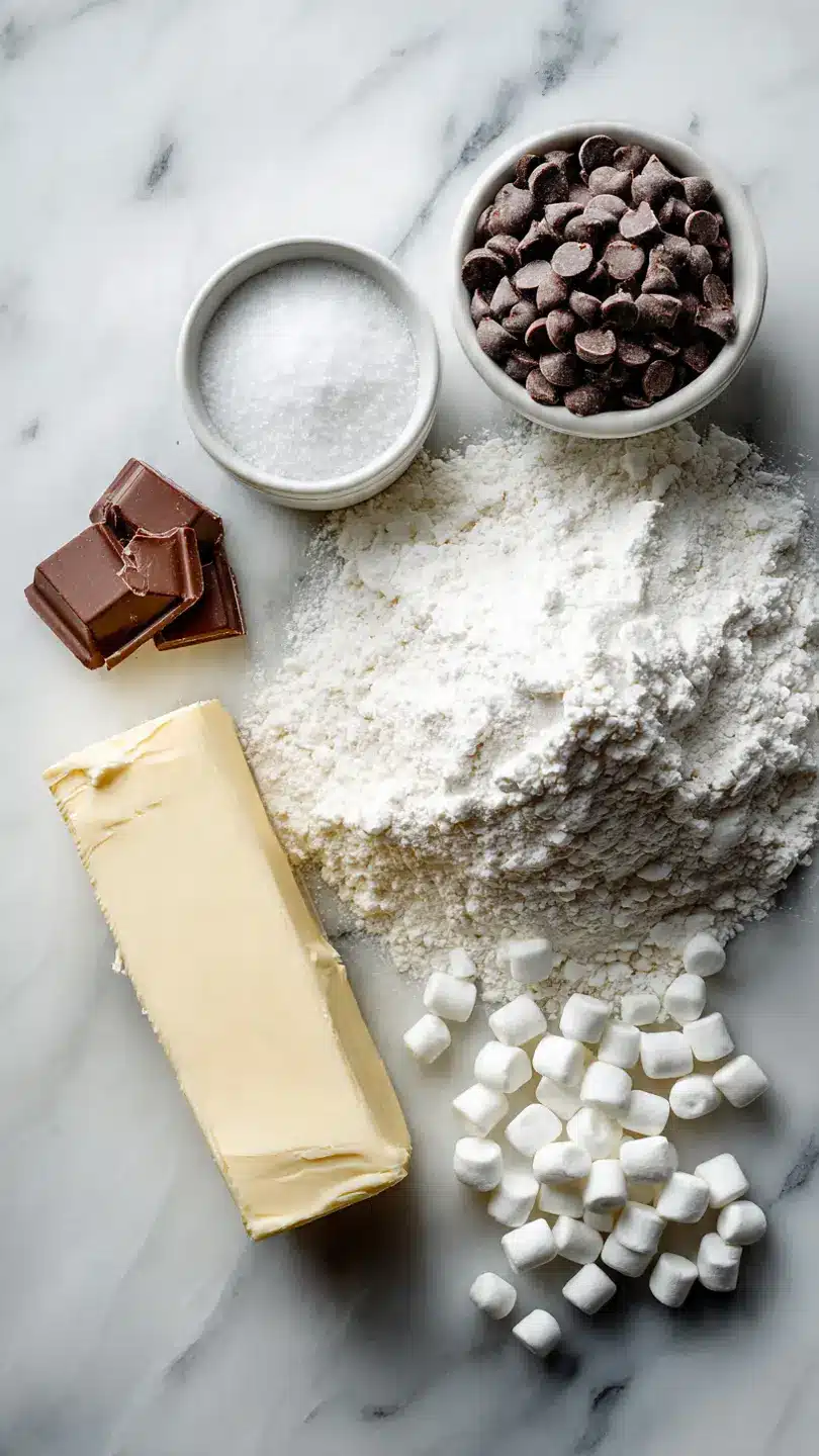 Ingredients for smores cookies including chocolate chips marshmallows flour and butter