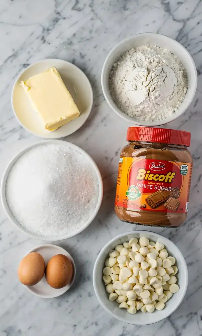 Ingredients for Biscoff cheesecake blondie bars including butter sugar flour eggs and white chocolate chips