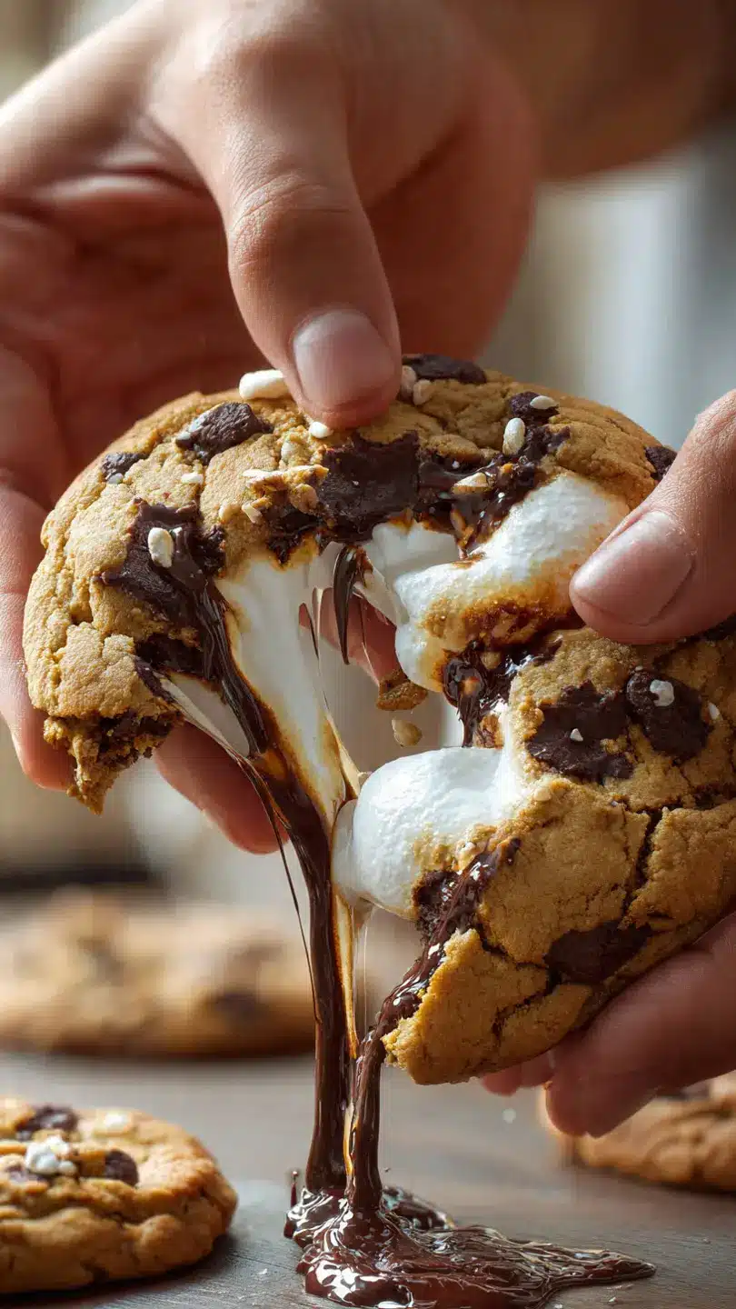 Smores stuffed cookie pulled apart with melted chocolate and marshmallow stretch
