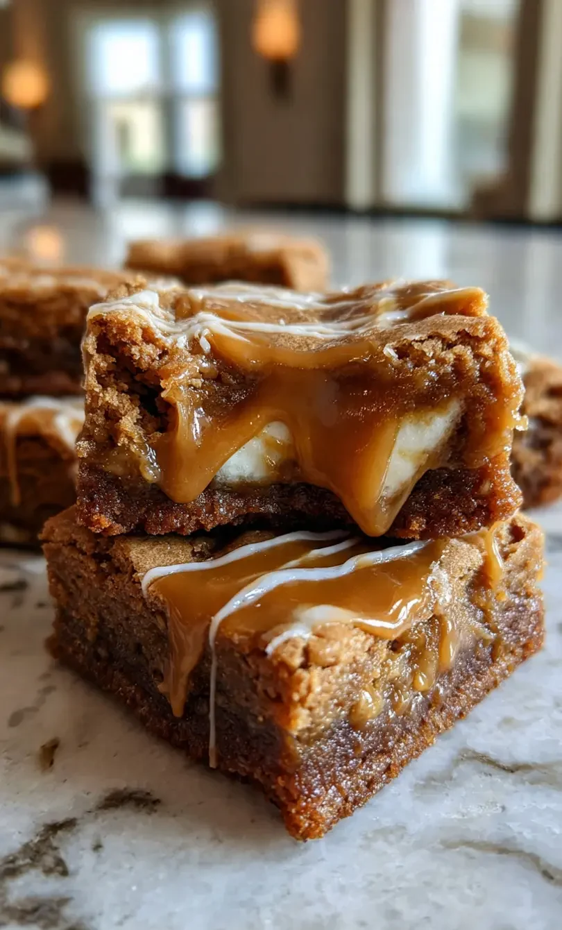 Stacked gooey caramel cheesecake blondie bars with melted caramel topping