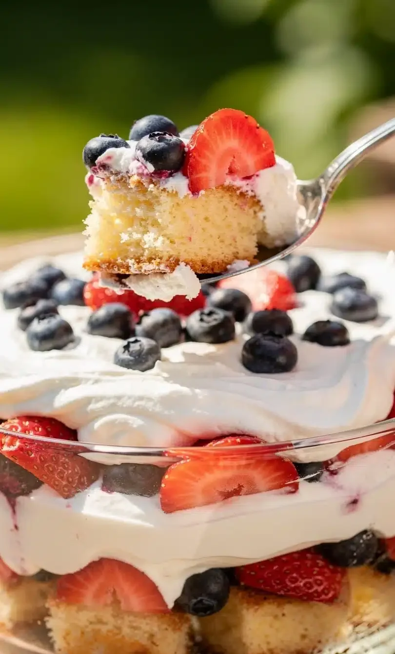 Red White and Blue Berry Trifle Spoonful of red white and blue berry trifle with strawberries blueberries whipped cream and cake