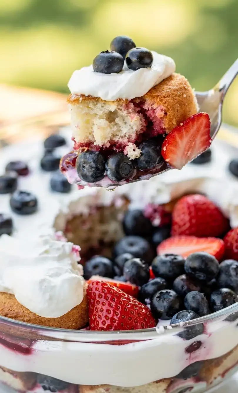 Patriotic Berry Trifle Bite Patriotic berry trifle bite with whipped cream blueberries strawberries and vanilla cake
