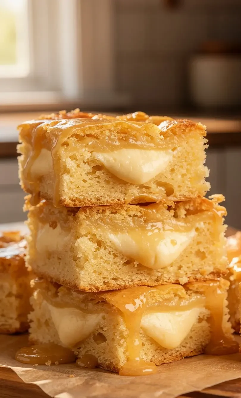 a-stack-of-gooey-butter-cake-bars-on-parchment-pap Gooey Butter Cake Bars