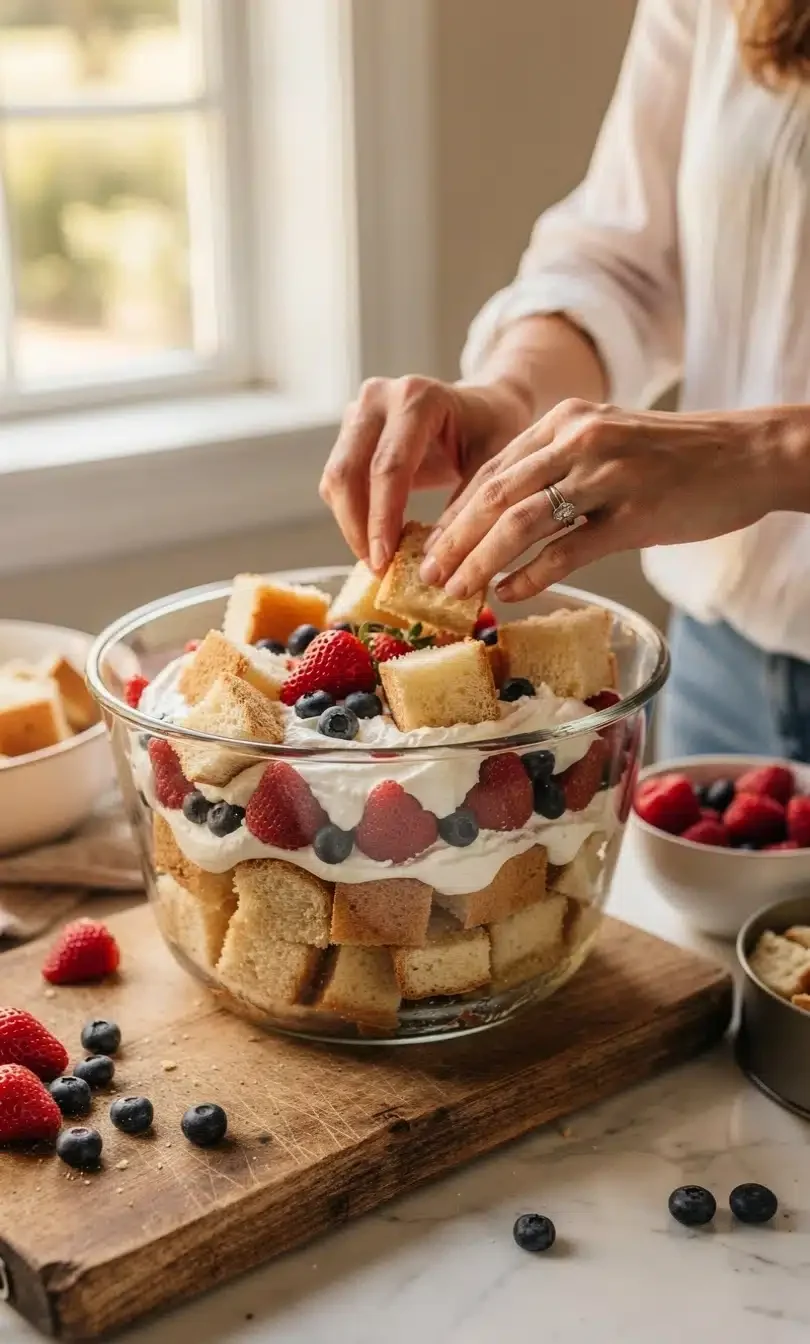 Making a Red White and Blue Trifle Hands assembling red white and blue berry trifle with cake strawberries blueberries and whipped cream