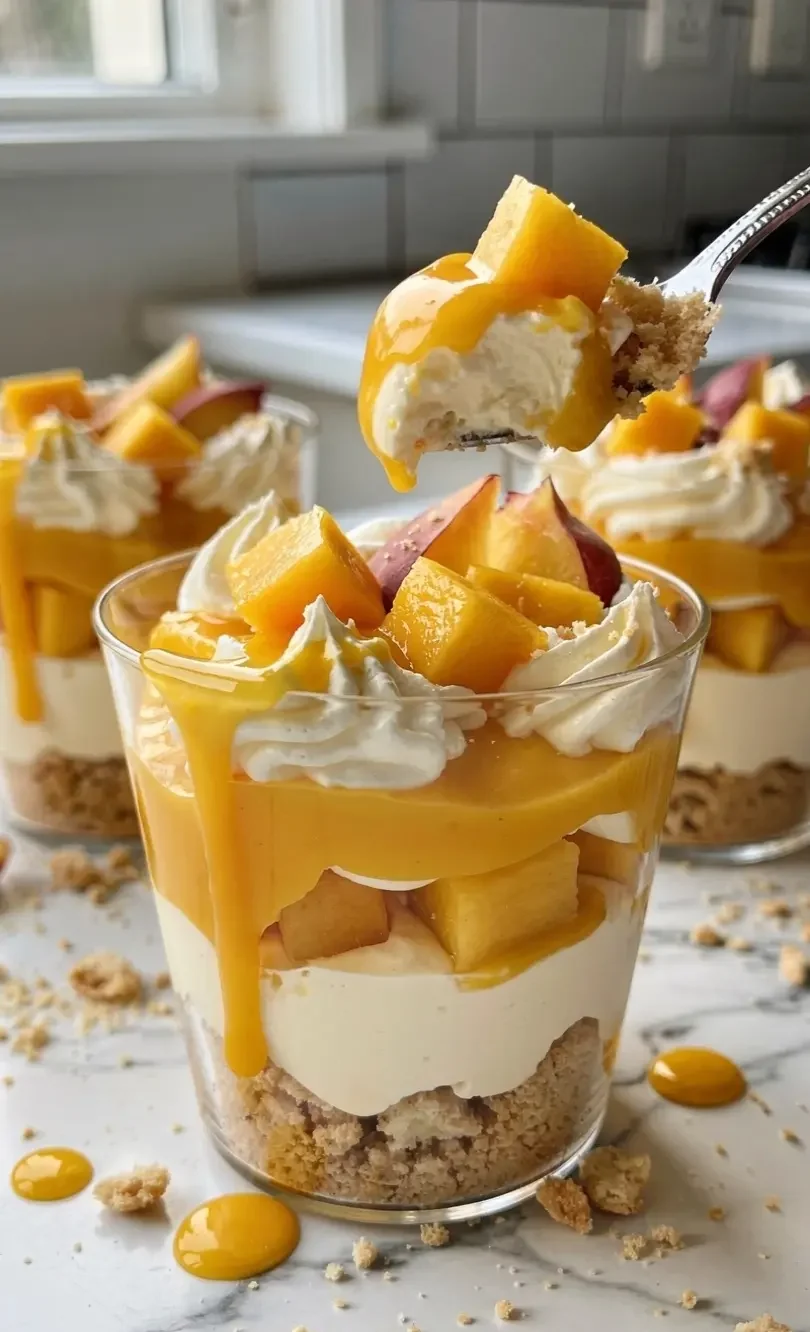 hyper-realistic-amateur-style-food-photo-showing-p spoon scooping creamy peach mango pie cup dessert