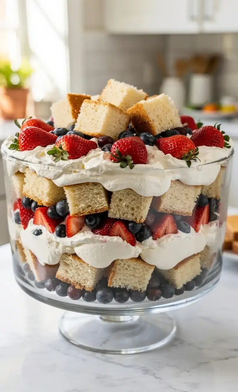 Large red white and blue berry trifle layered with strawberries blueberries whipped cream and cake cubes