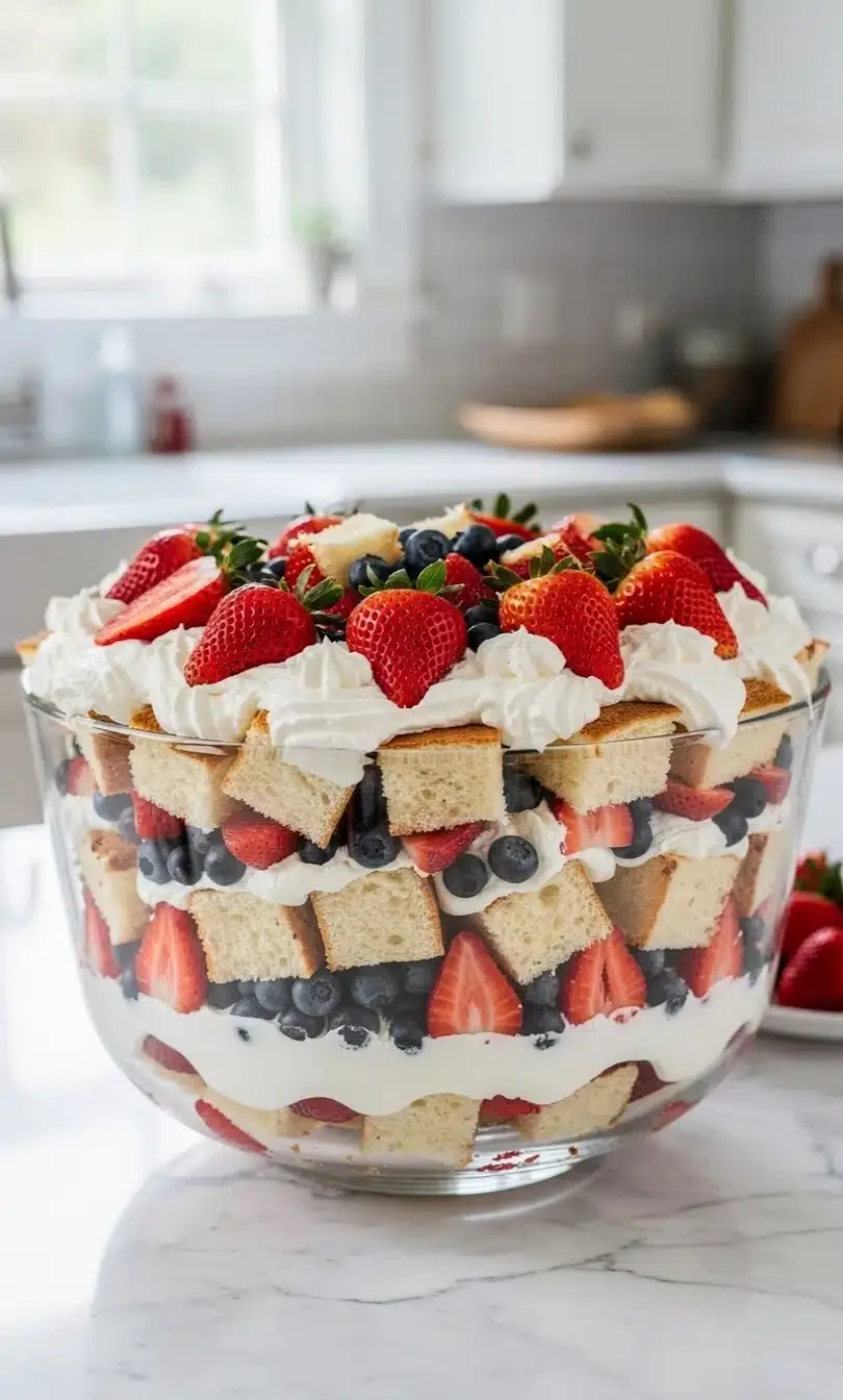 Fourth of July Berry Trifle Fourth of July berry trifle with fresh strawberries blueberries whipped cream and cake