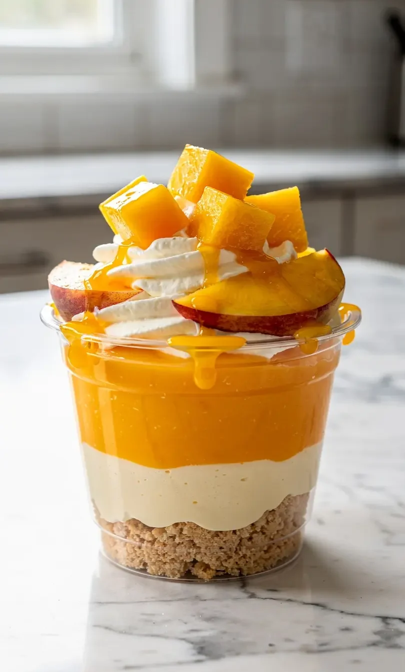peach mango cream pie cups with creamy layers and fresh fruit