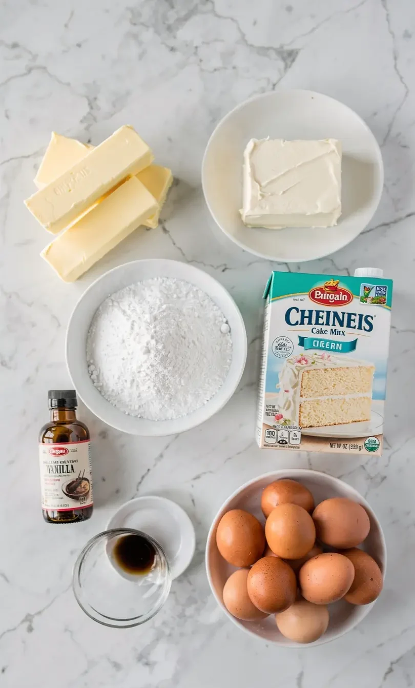 top-down-view-of-baking-ingredients-arranged-on-a- ingredients for gooey butter cake bars including cream cheese and butter