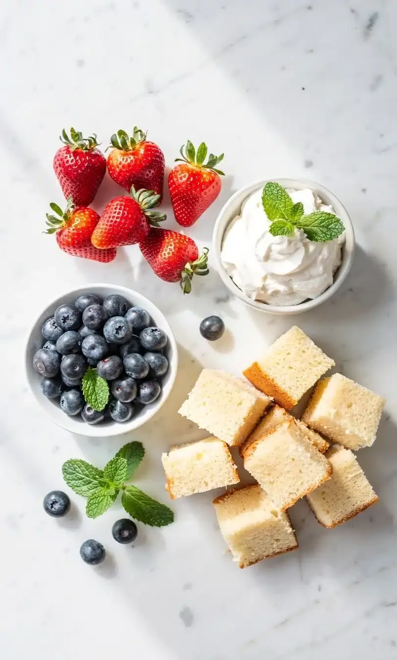 Red White and Blue Trifle Ingredients Ingredients for red white and blue berry trifle including strawberries blueberries cake cubes and whipped cream