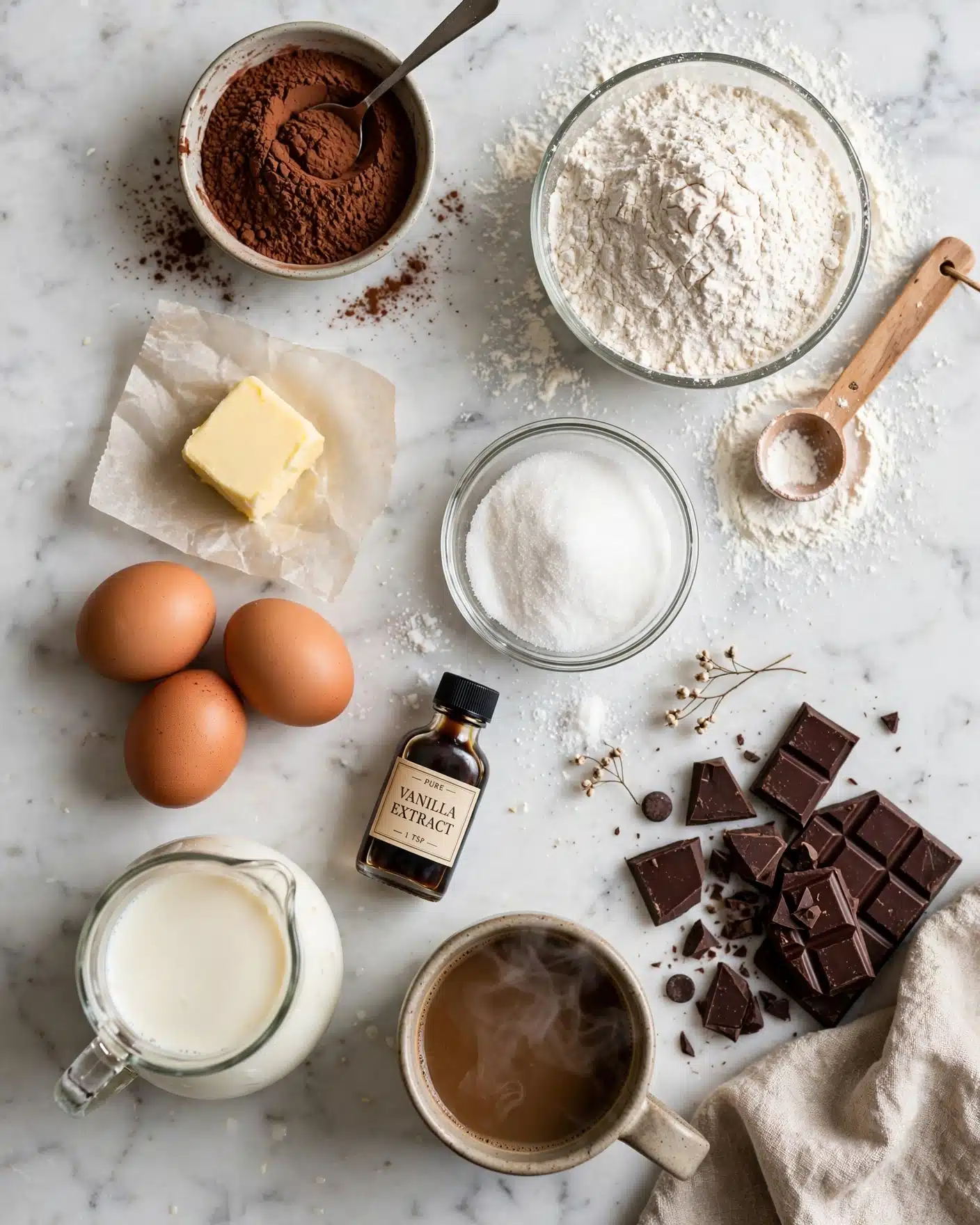 Flour, cocoa powder, eggs, butter, sugar, coffee, and vanilla on a white marble countertop.
