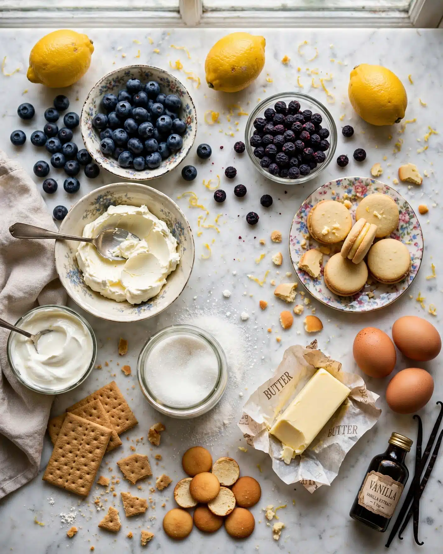 Blueberries, lemons, cream cheese, graham crackers, vanilla wafers, butter, eggs, and freeze-dried blueberries on a marble countertop.