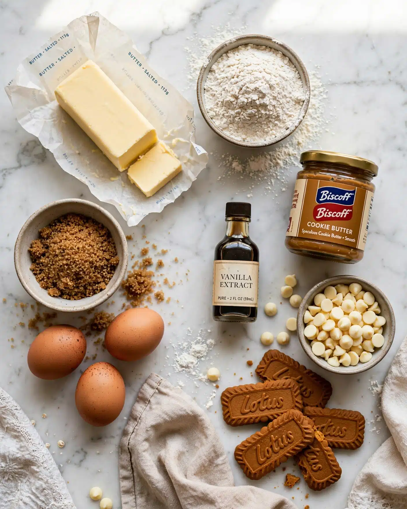 Cookie butter, flour, butter, eggs, sugar, vanilla, and Biscoff cookies on a marble countertop.