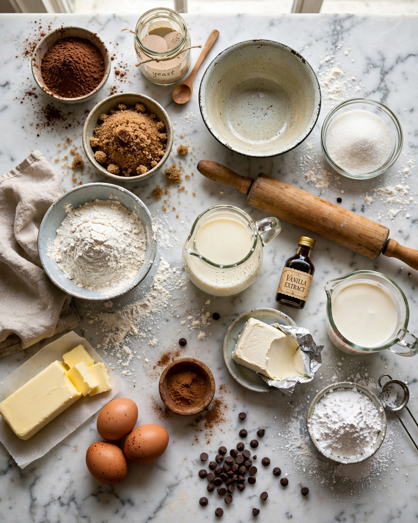 Flour, cocoa powder, butter, eggs, milk, brown sugar, cinnamon, chocolate chips, cream cheese, and vanilla on a marble countertop.