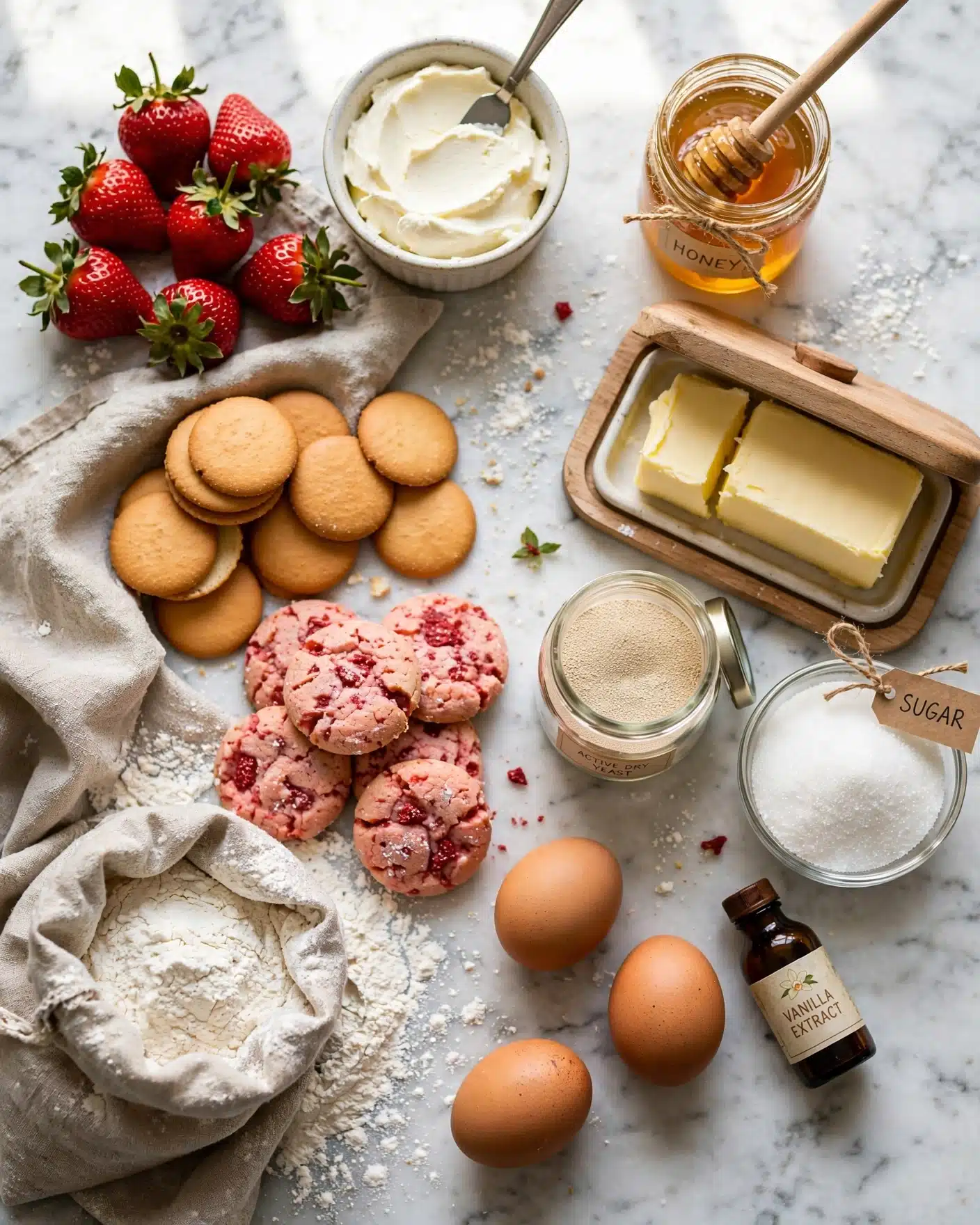 Fresh strawberries, cream cheese, butter, flour, honey, eggs, vanilla, sugar, and vanilla wafers arranged on a white marble countertop.