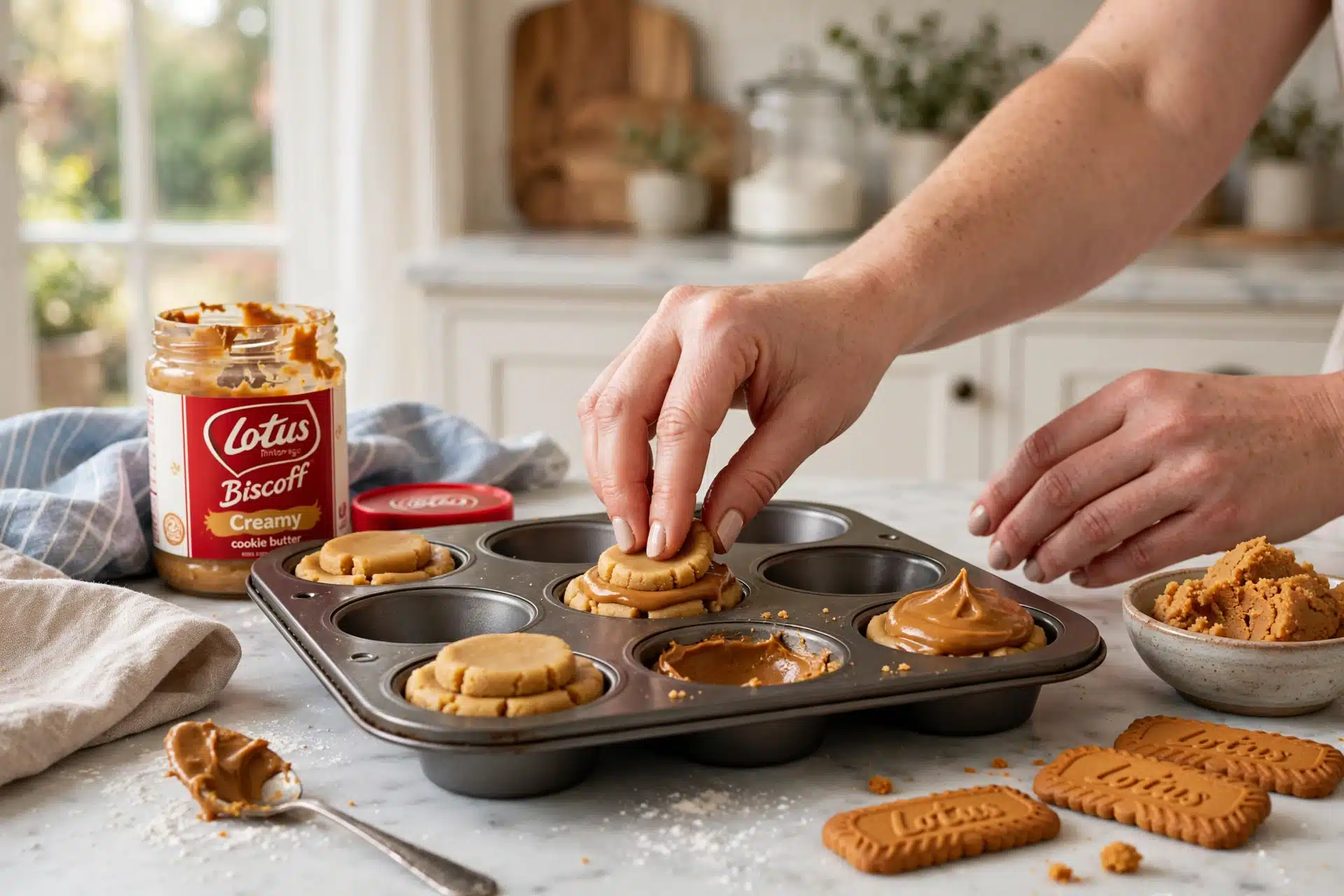 Hands filling cookie dough with Biscoff spread in a muffin pan.
