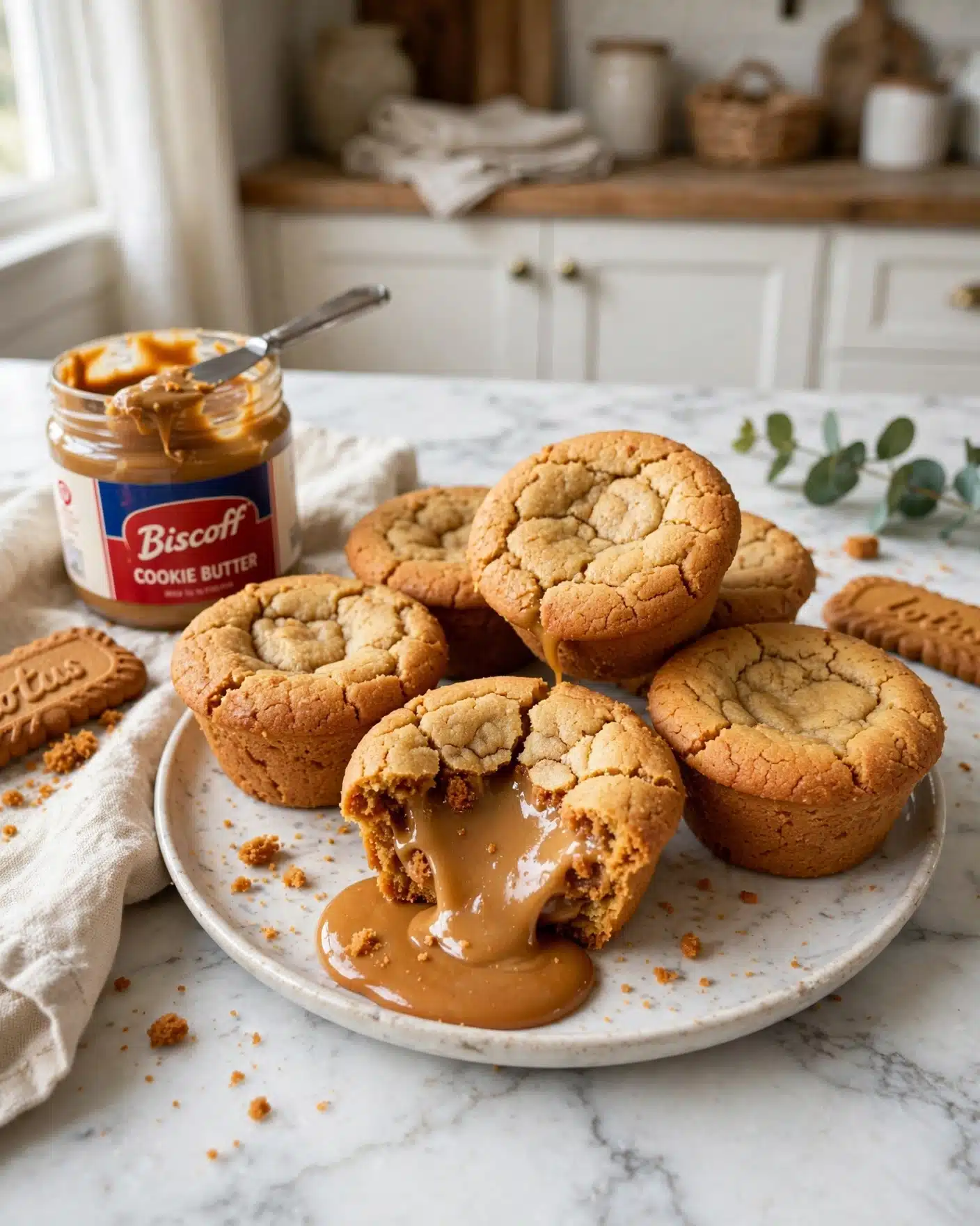 Warm Biscoff lava cookie cups filled with molten cookie butter.