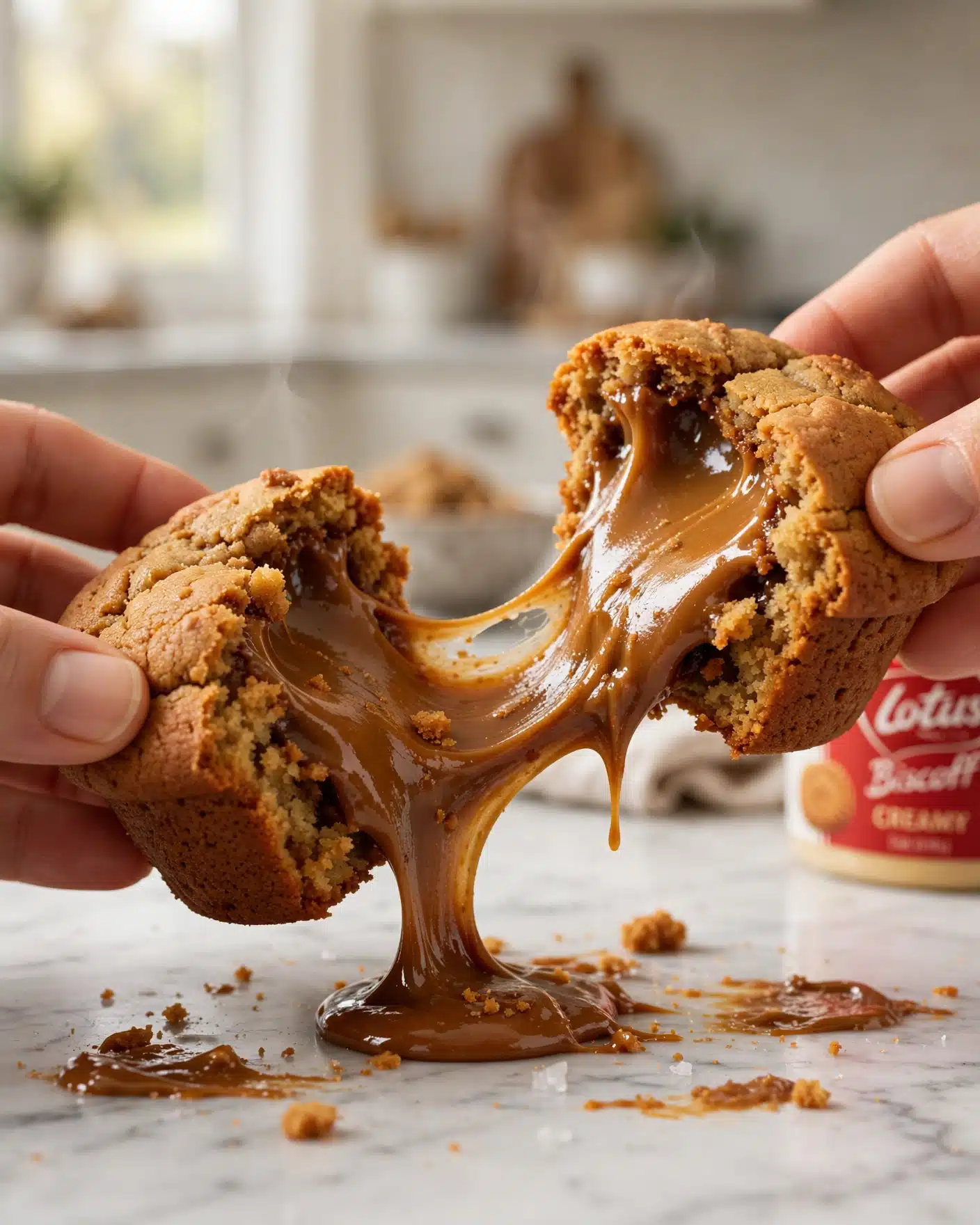 A Biscoff lava cookie cup broken open with molten cookie butter center.
