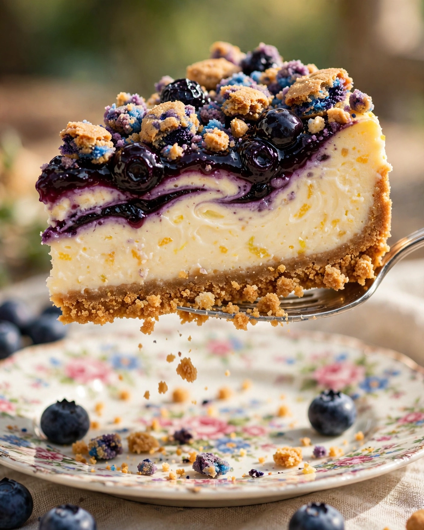 A slice of Blueberry Lemon Crunch Cheesecake showing graham cracker crust, lemon filling, blueberry layer, and crunchy cookie topping.