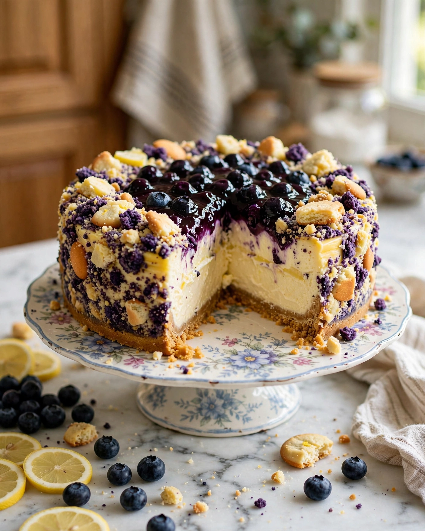 Blueberry Lemon Crunch Cheesecake with creamy lemon filling, glossy blueberry topping, and buttery cookie crumble.