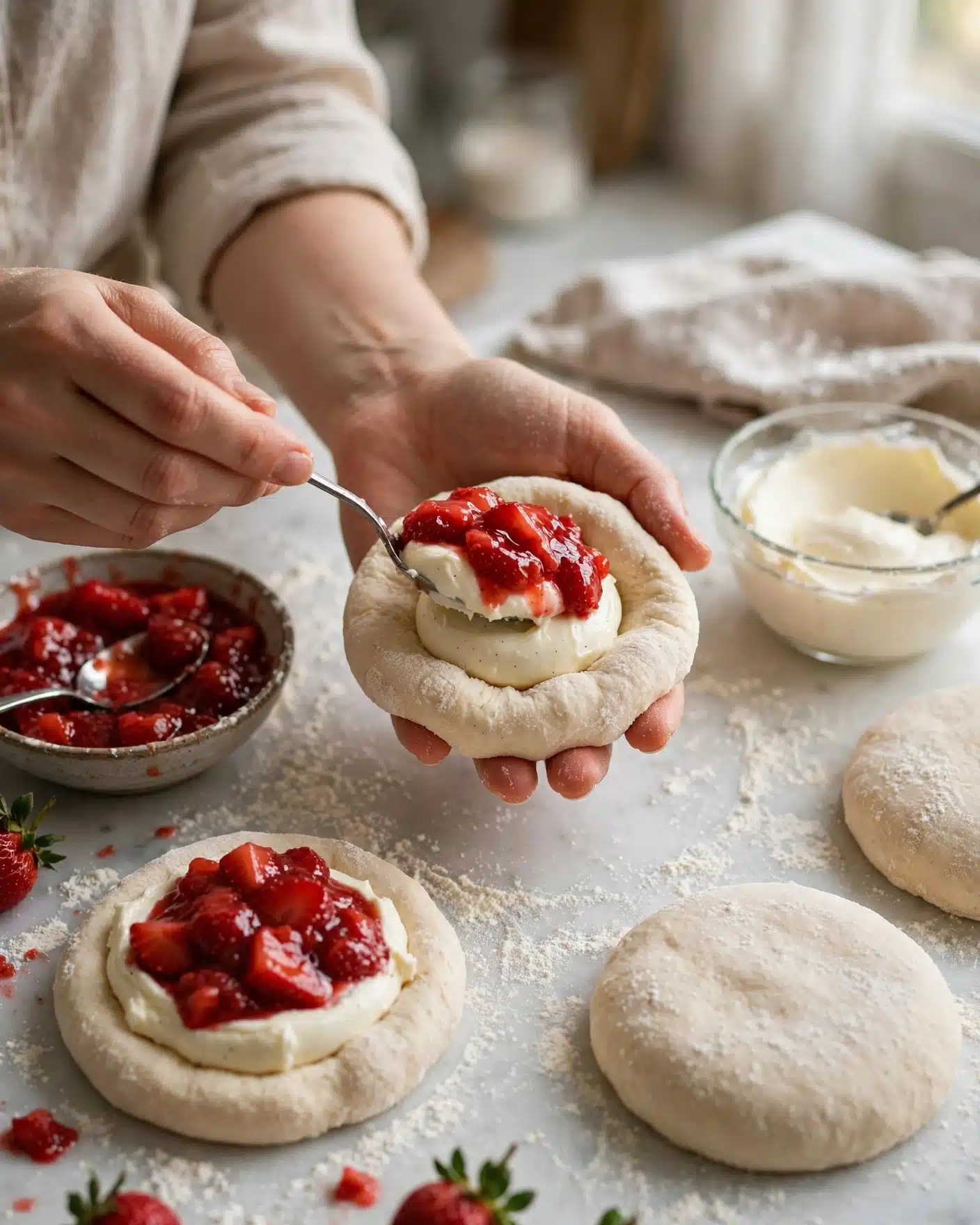 Hands filling brioche dough with cream cheese and strawberry compote before baking.