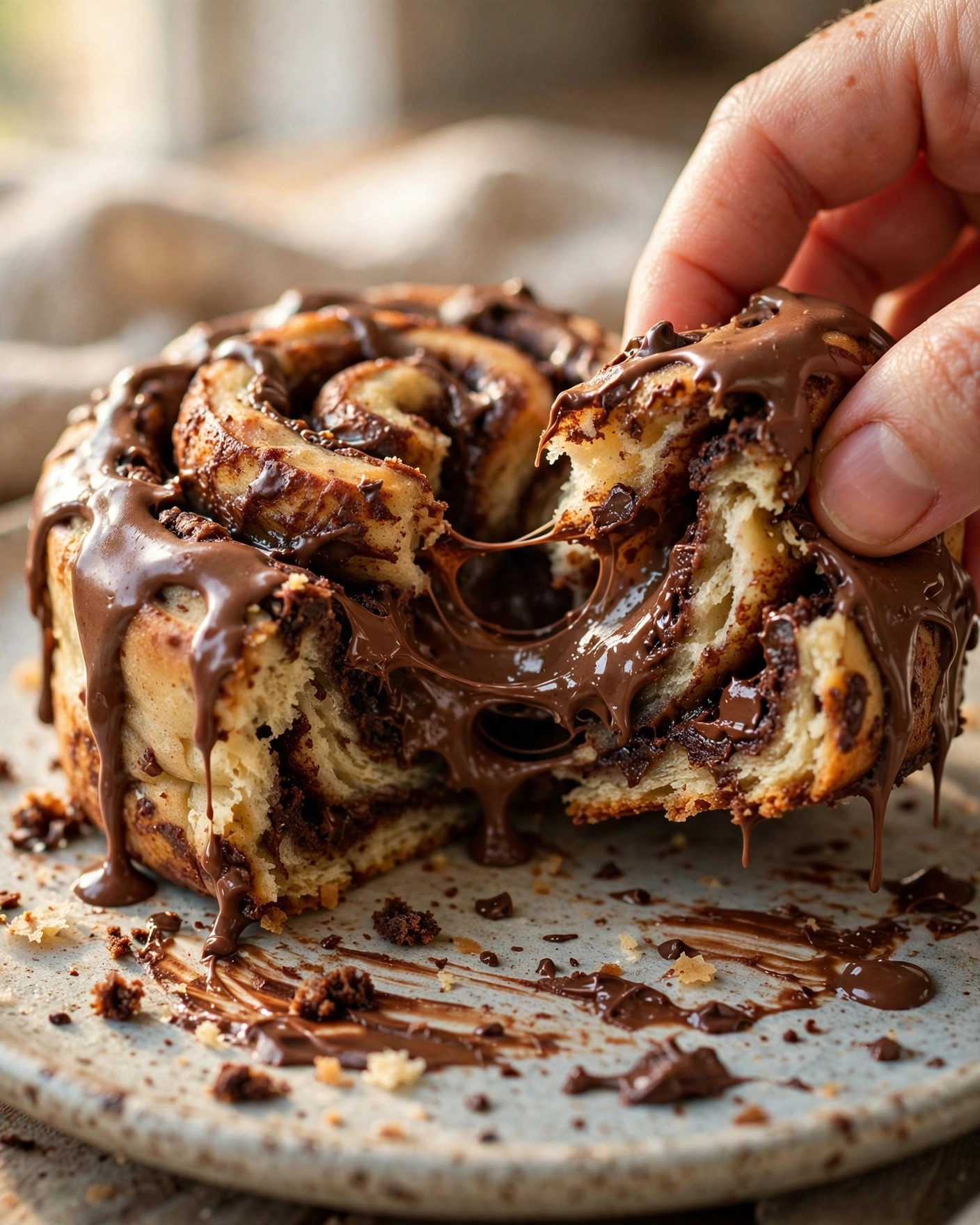 A warm Brownie Batter Cinnamon Roll pulled apart to reveal a gooey chocolate center and brownie swirls.