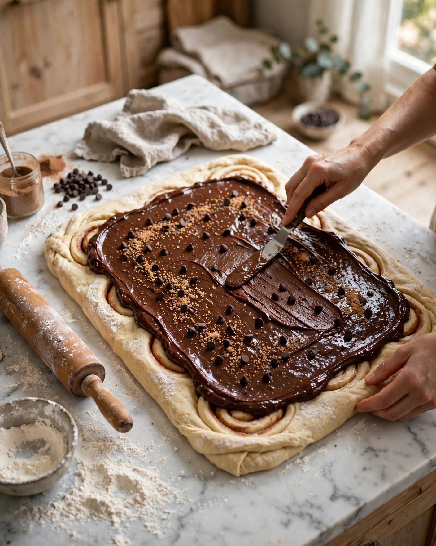 Hands spreading thick brownie batter filling over homemade cinnamon roll dough.