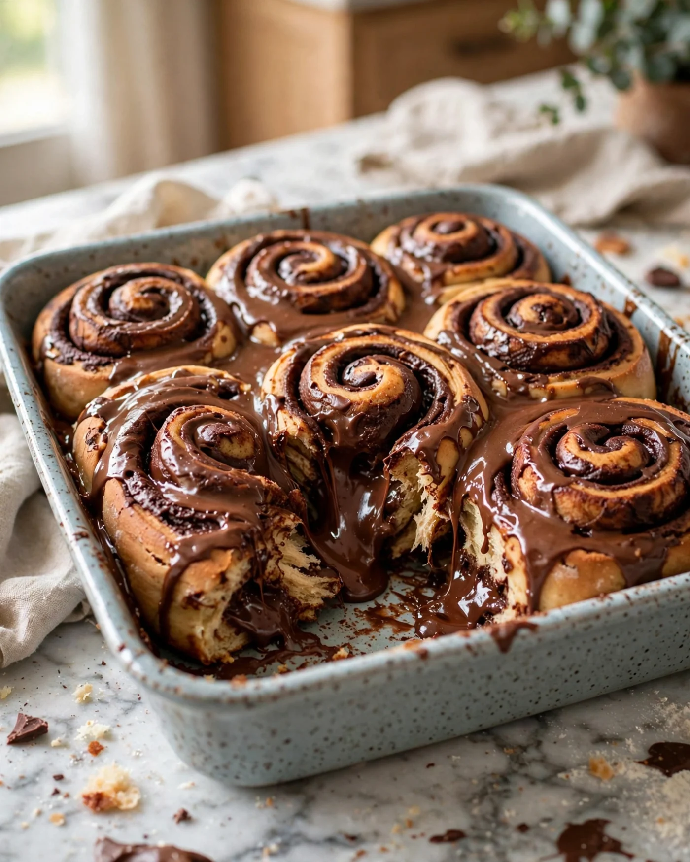 Gooey Brownie Batter Cinnamon Rolls filled with chocolate brownie swirls and topped with creamy chocolate glaze.