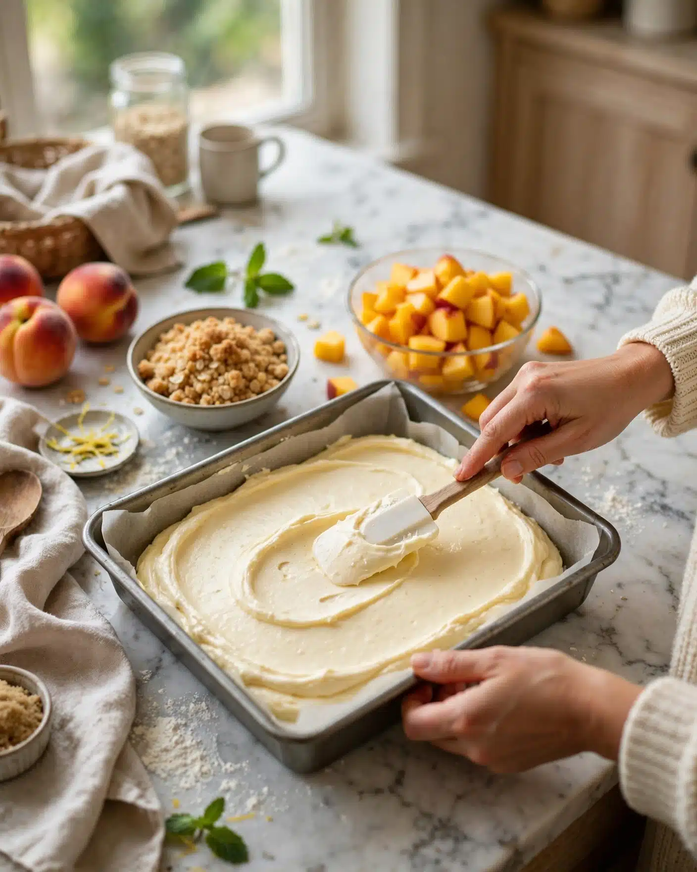 cheesecake_prep_overhead Fresh peaches, cream cheese, butter, flour, cinnamon, sugar, and eggs for Peach Cobbler Cheesecake Bars.