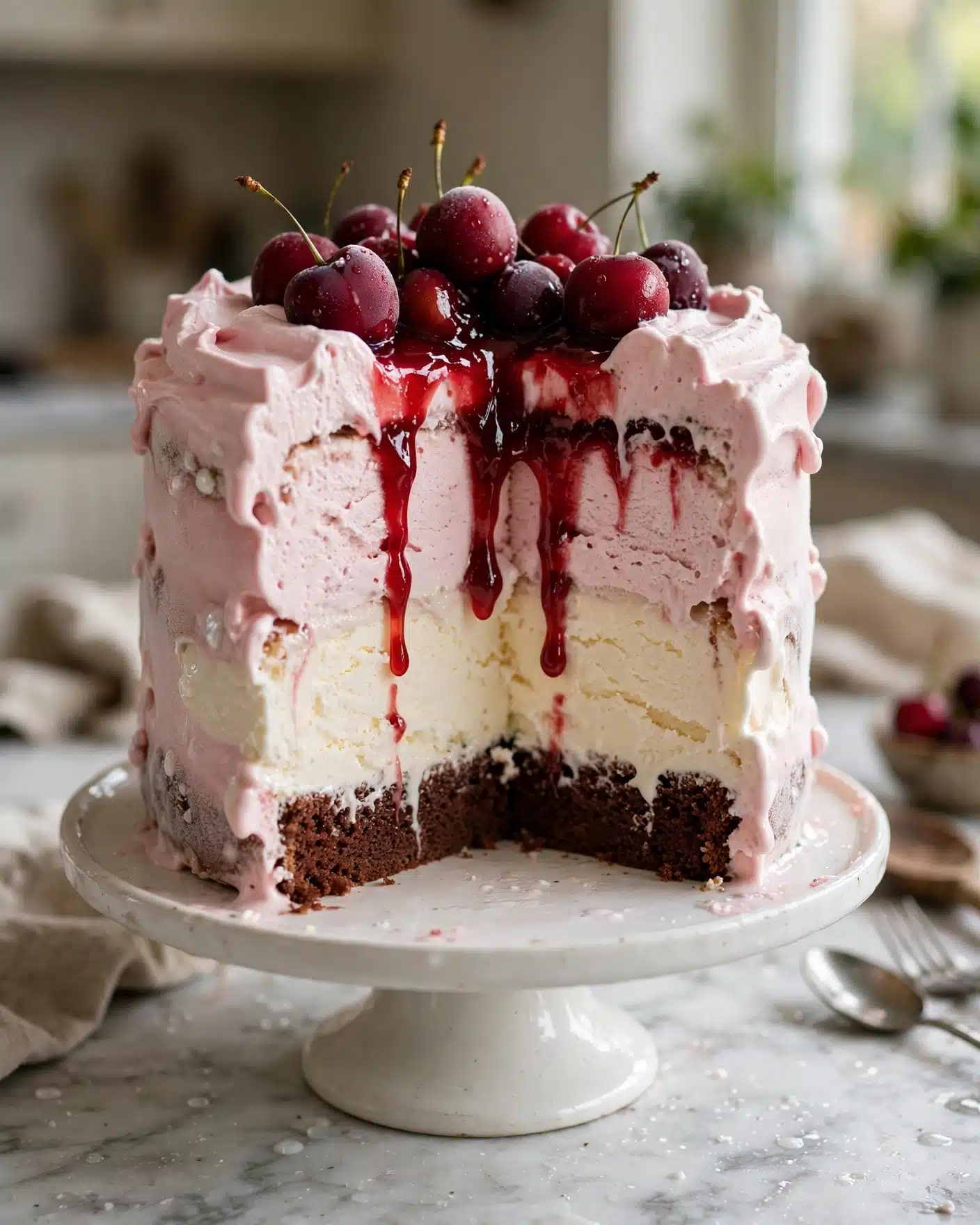 Cherry cola float ice cream cake with vanilla ice cream, chocolate cake, cherry cream, and glossy cherry syrup