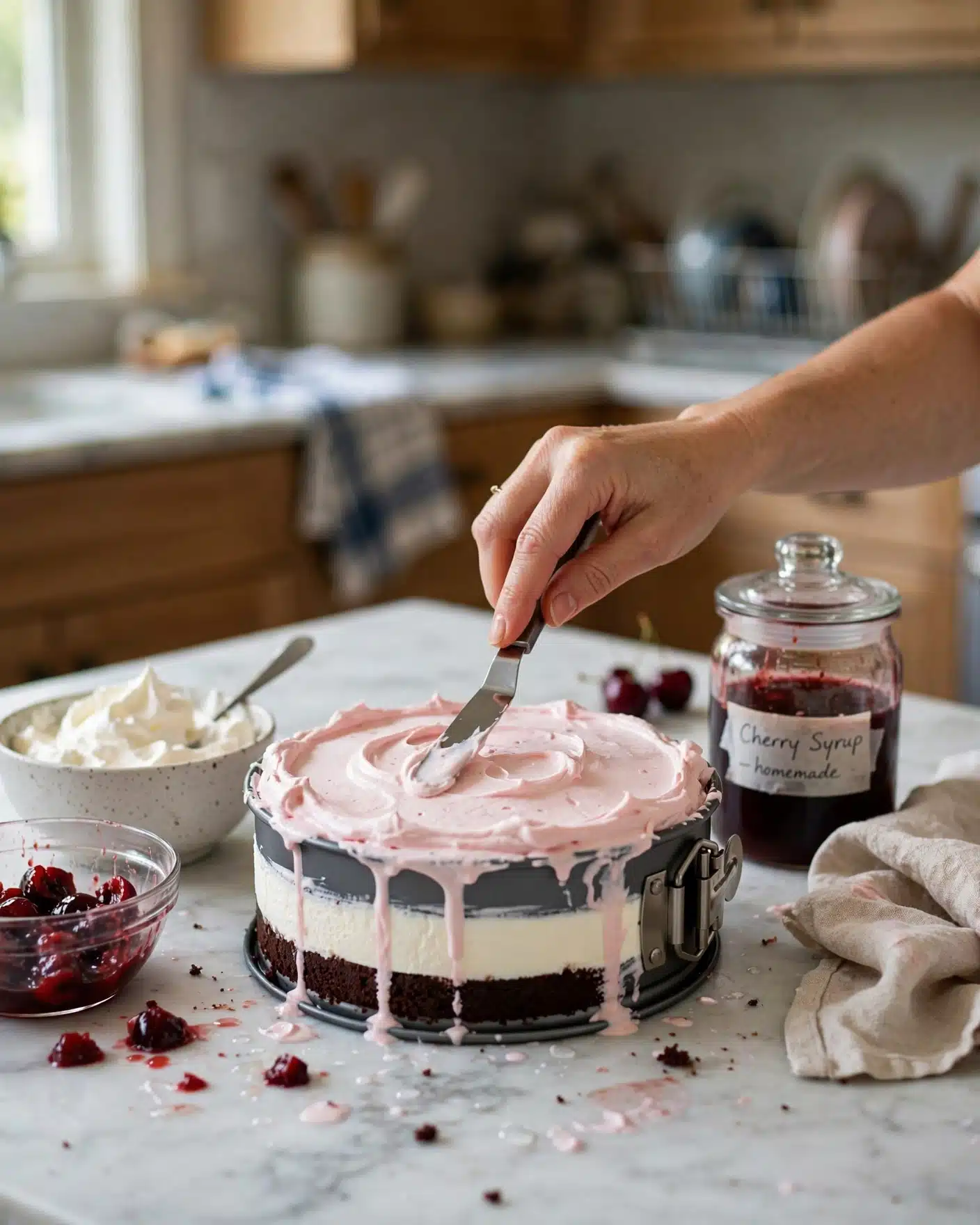 Hands spreading cherry cola cream over vanilla ice cream cake in a springform pan
