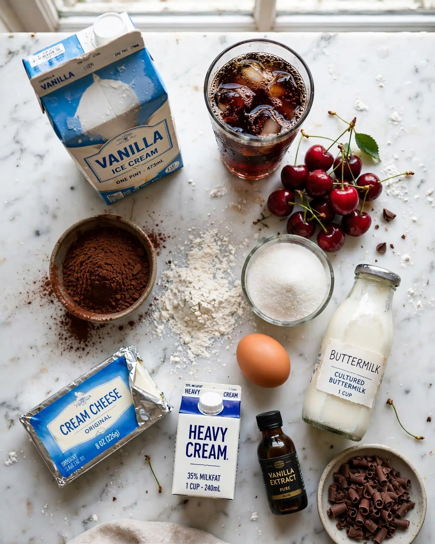 Ingredients for cherry cola float ice cream cake including cherries, cola, vanilla ice cream, cocoa, and cream