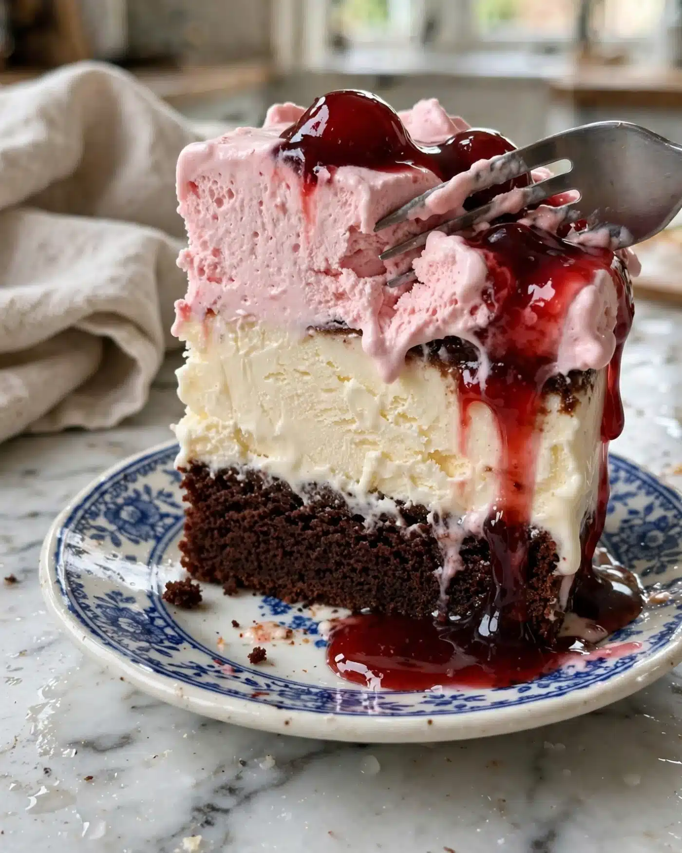 Slice of cherry cola ice cream cake showing chocolate cake, vanilla ice cream, and cherry cream layers