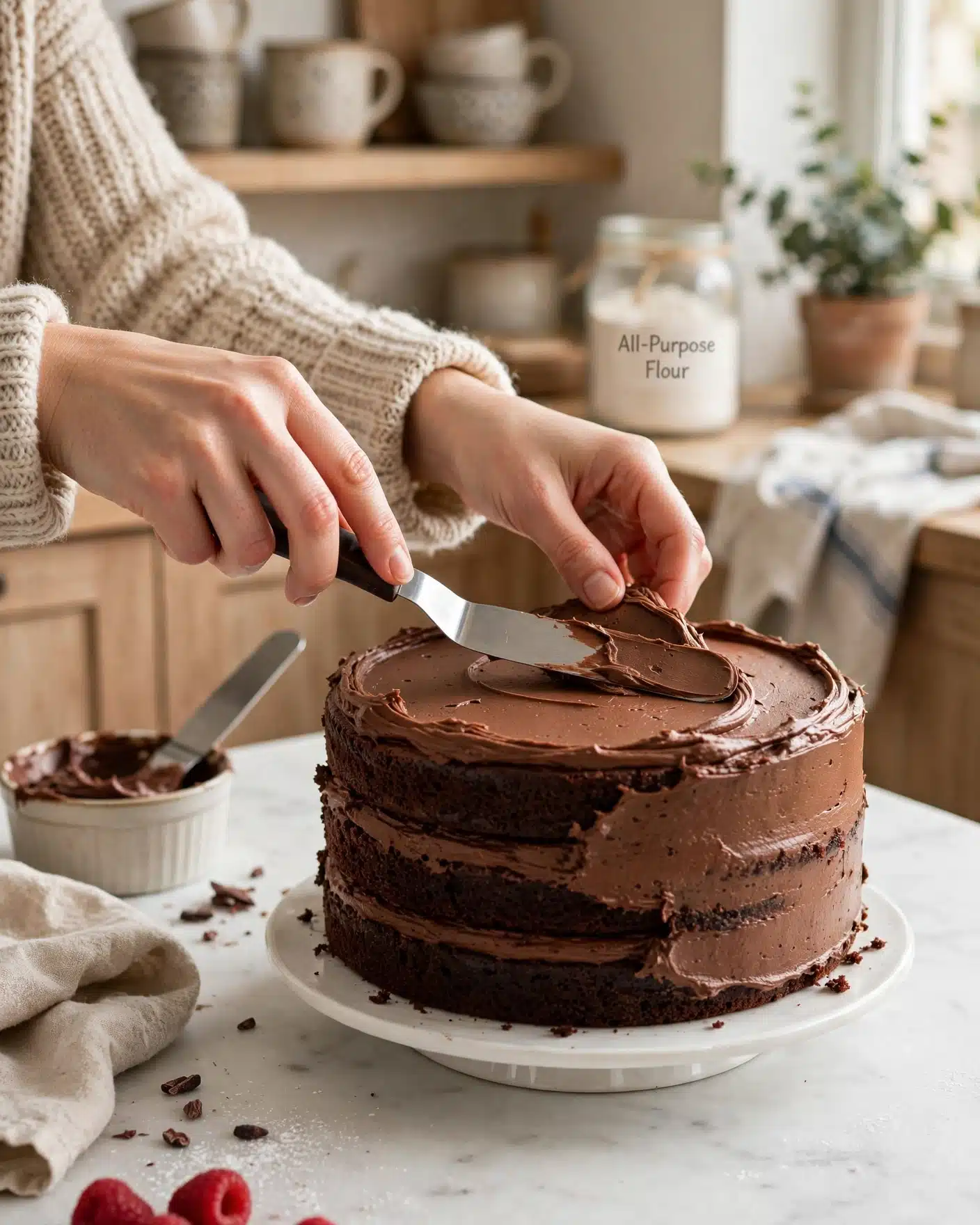 Hands frosting homemade chocolate cake layers with chocolate buttercream.