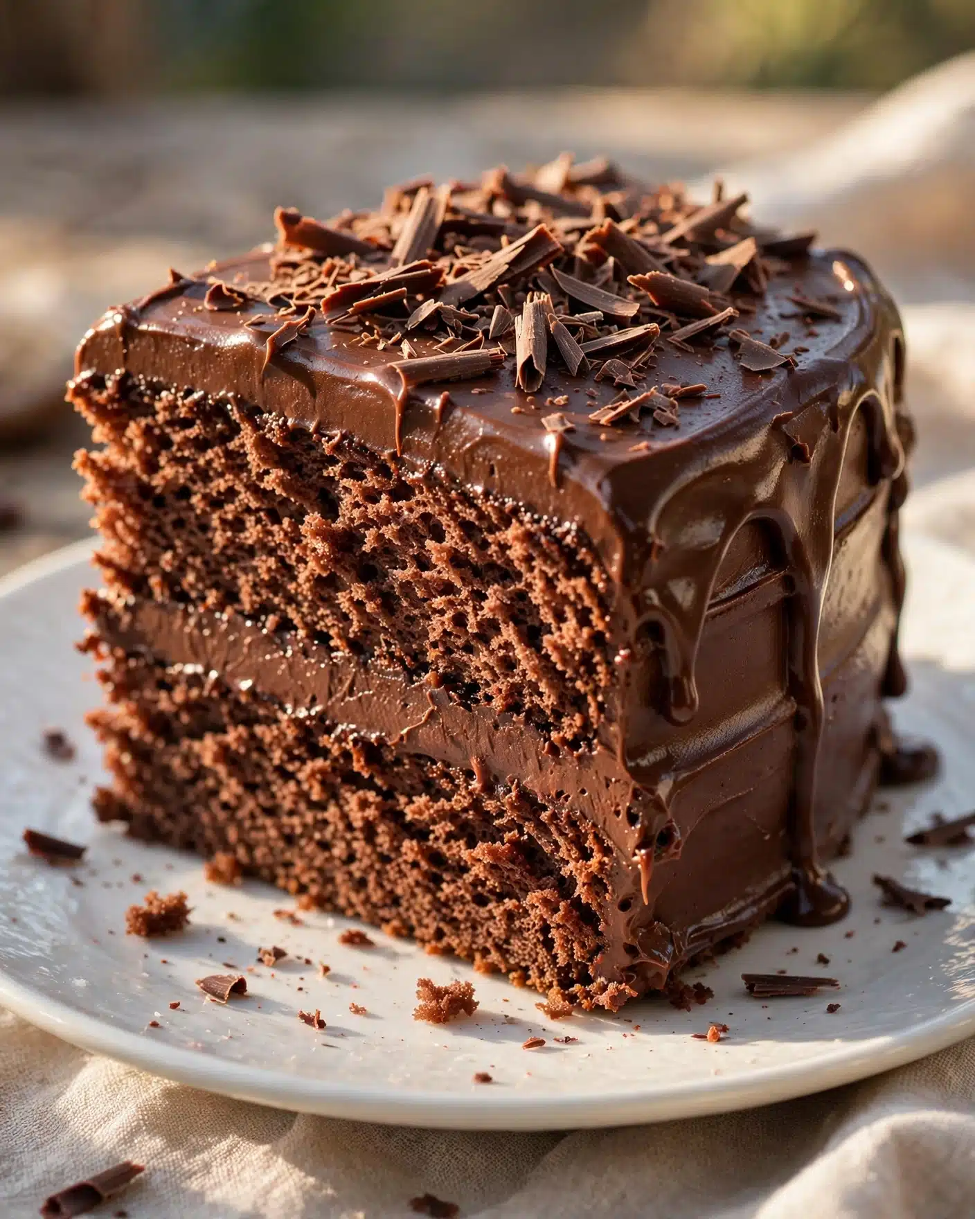 A slice of moist Better Than Bakery Chocolate Cake with rich chocolate frosting.