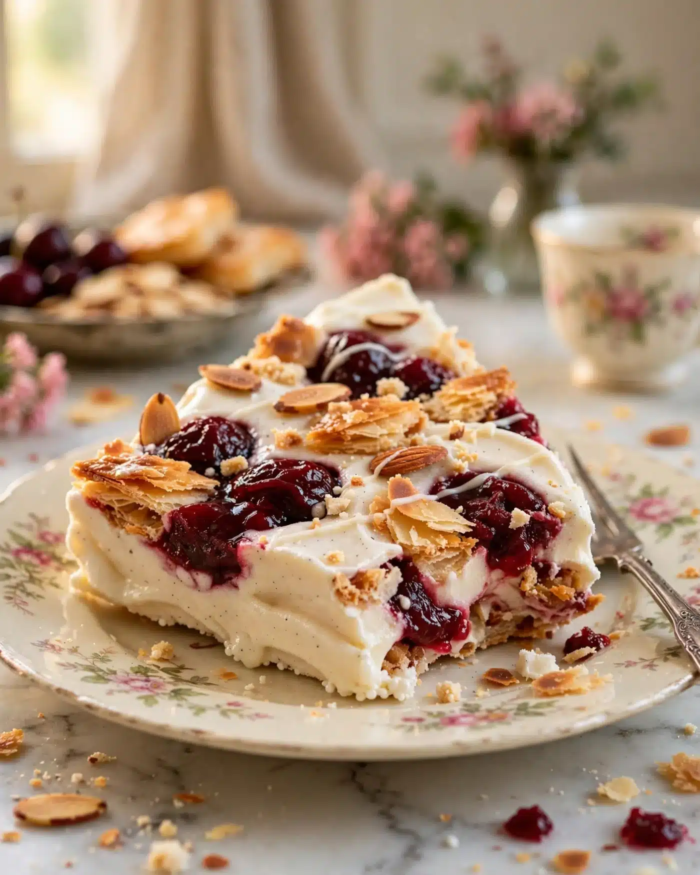 Cherry Almond Kringle Frozen Yogurt Bark topped with cherry swirls, toasted almonds, flaky pastry, and vanilla glaze.
